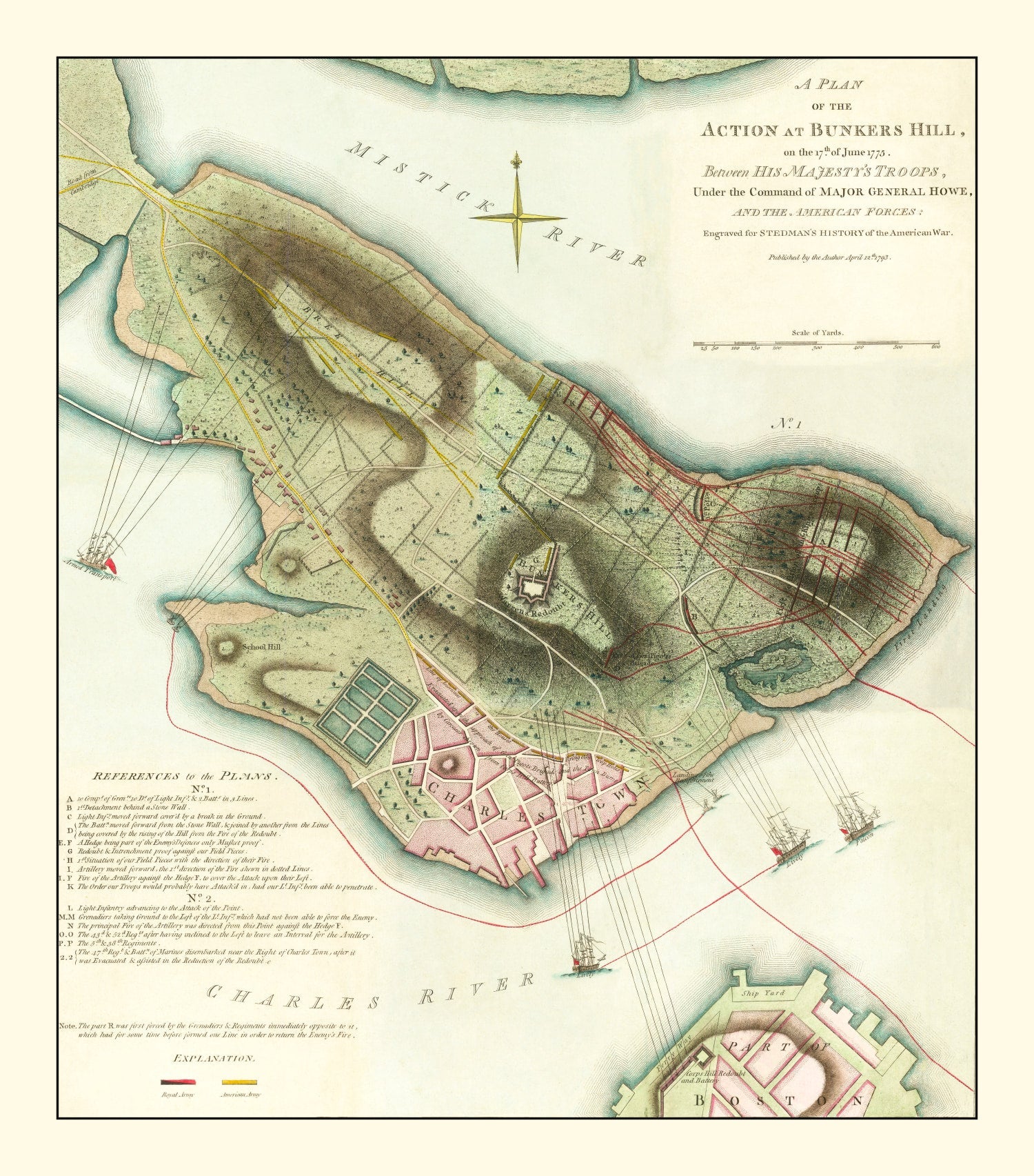 Vintage Battle of Bunker Hill Map 1793