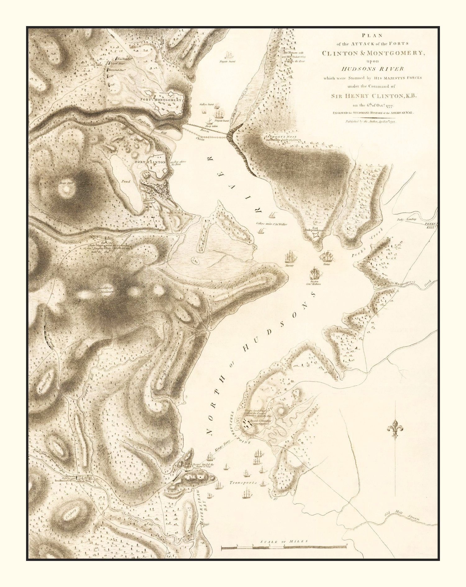 Vintage Attack of Fort Clinton & Fort Montgomery Map 1794