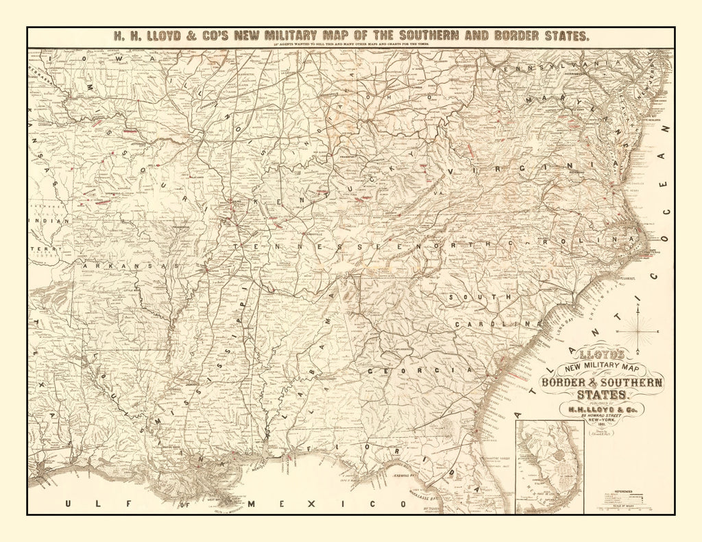 Vintage Military Map of the Southern United States 1861
