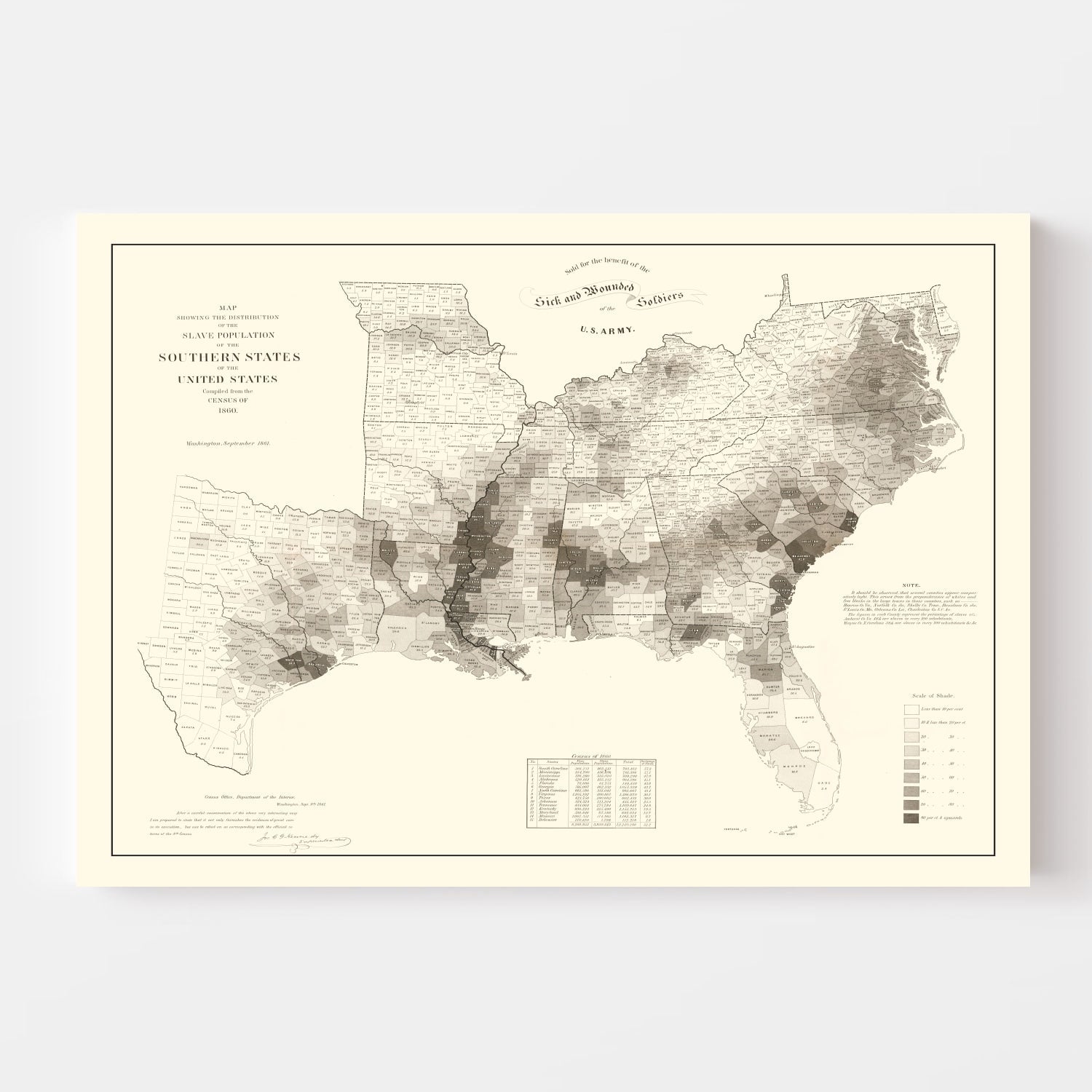 Vintage Map of Slaves in the Southern States 1861