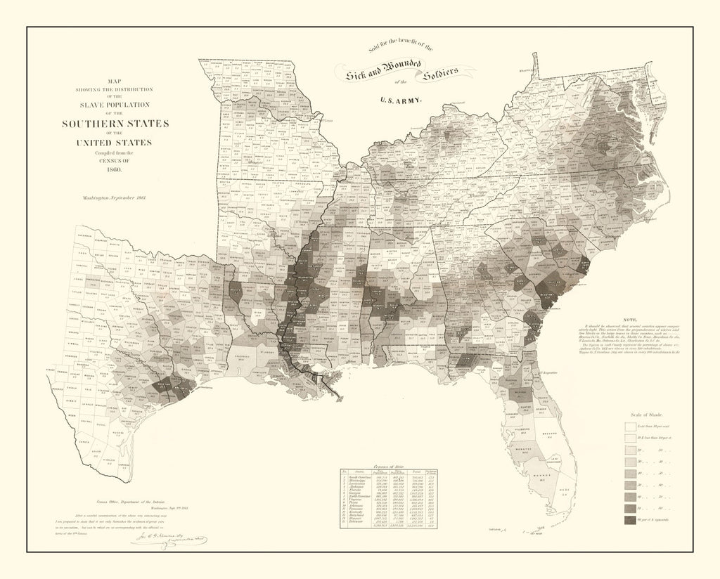 Vintage Map of Slaves in the Southern States 1861