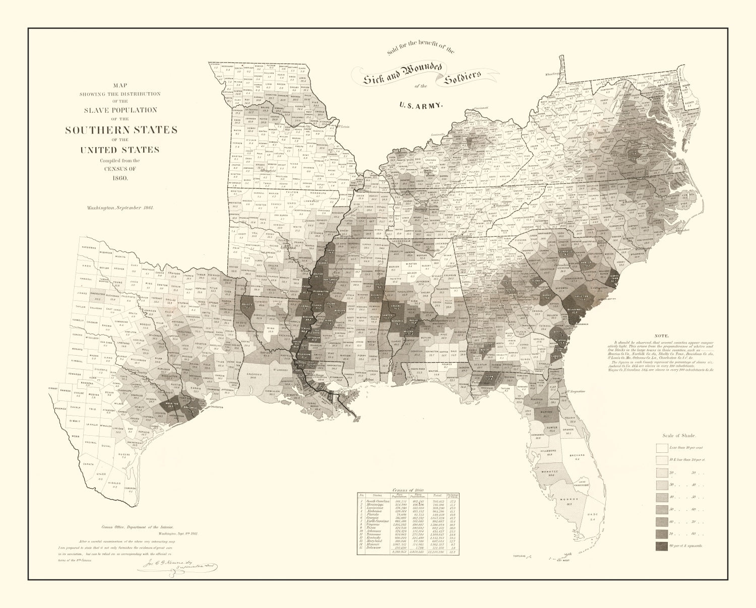Vintage Map of Slaves in the Southern States 1861