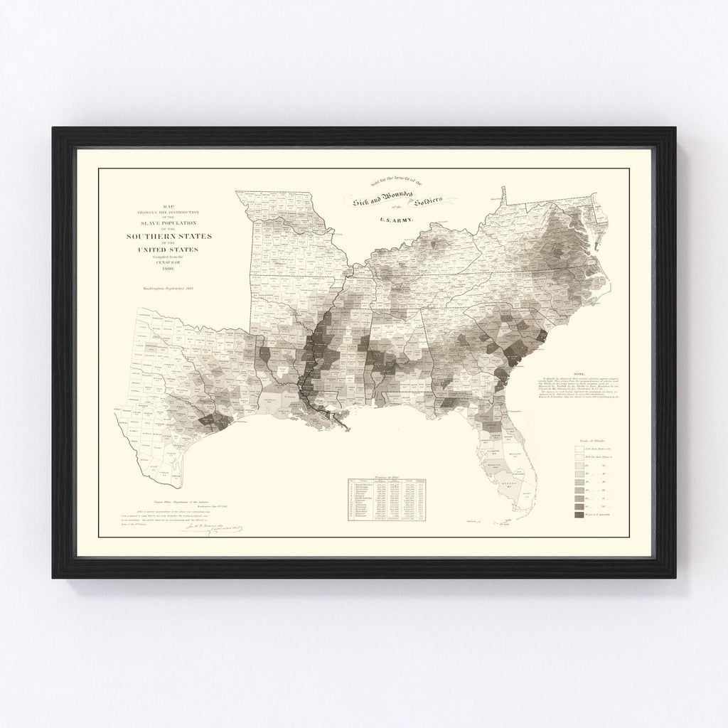 Vintage Map of Slaves in the Southern States 1861