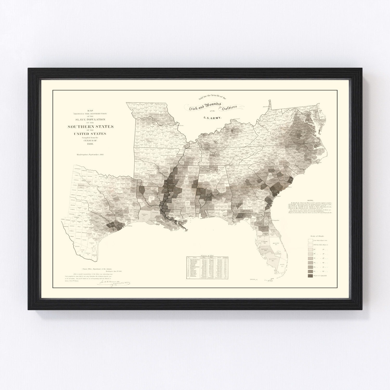 Vintage Map of Slaves in the Southern States 1861