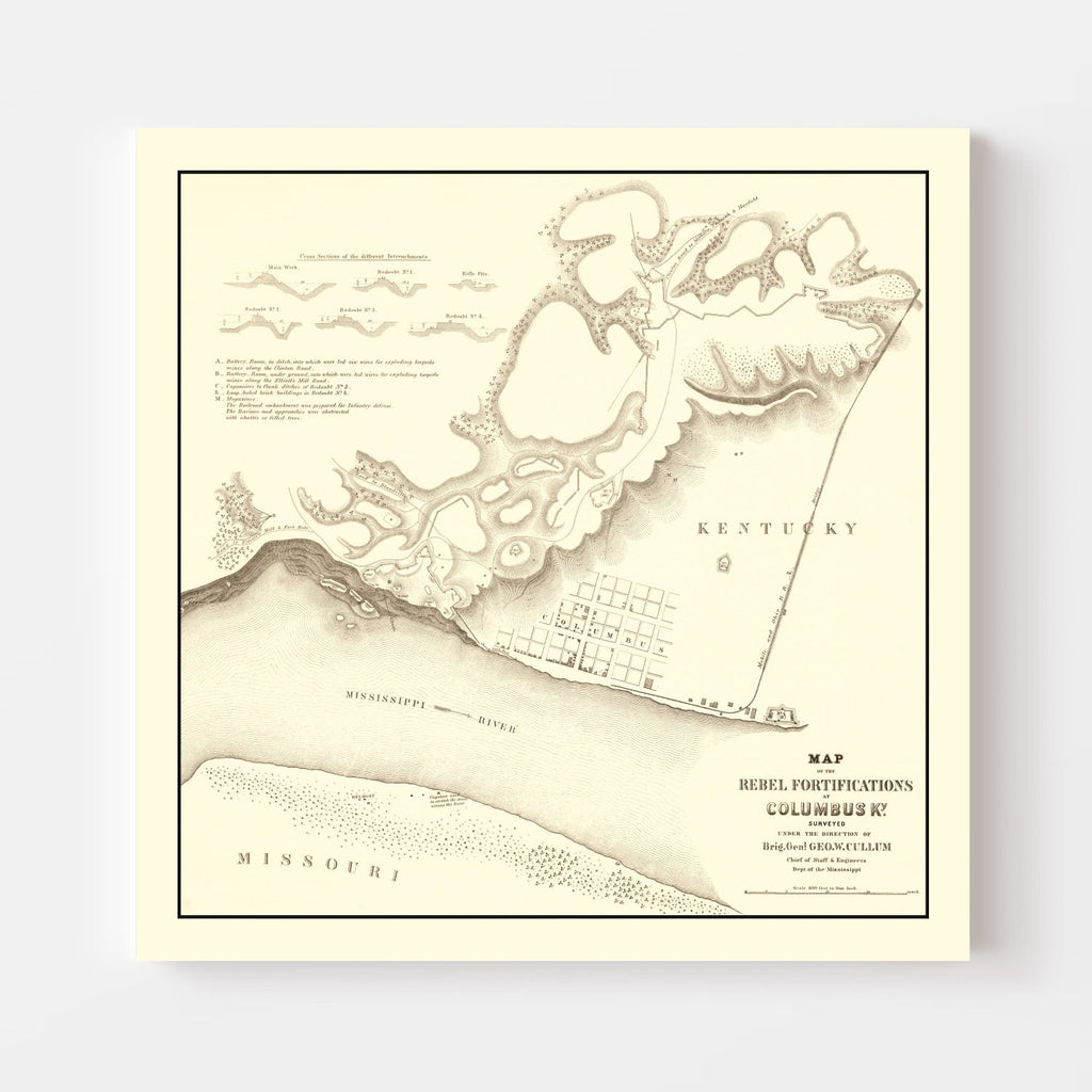 Vintage Rebel Fortifications at Columbus Kentucky Map 1862