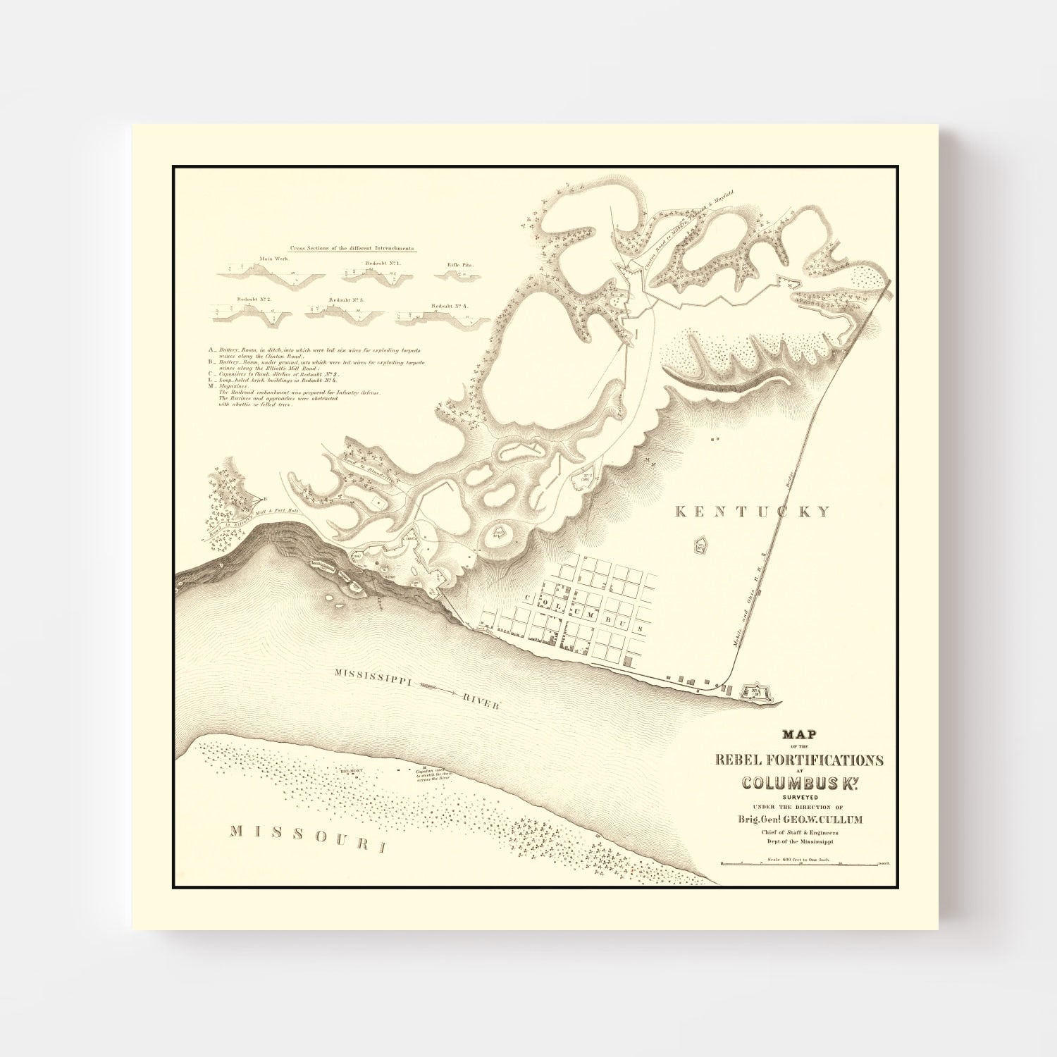 Vintage Rebel Fortifications at Columbus Kentucky Map 1862