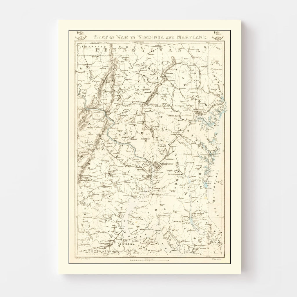 Vintage Seat of War in Virginia & Maryland Map 1863