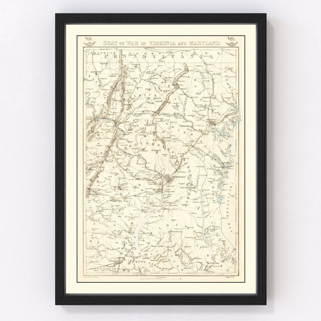 Vintage Seat of War in Virginia & Maryland Map 1863