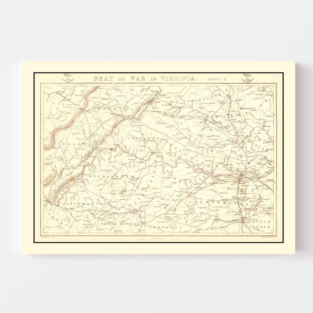 Vintage Map of the Seat of War in Virginia 1863