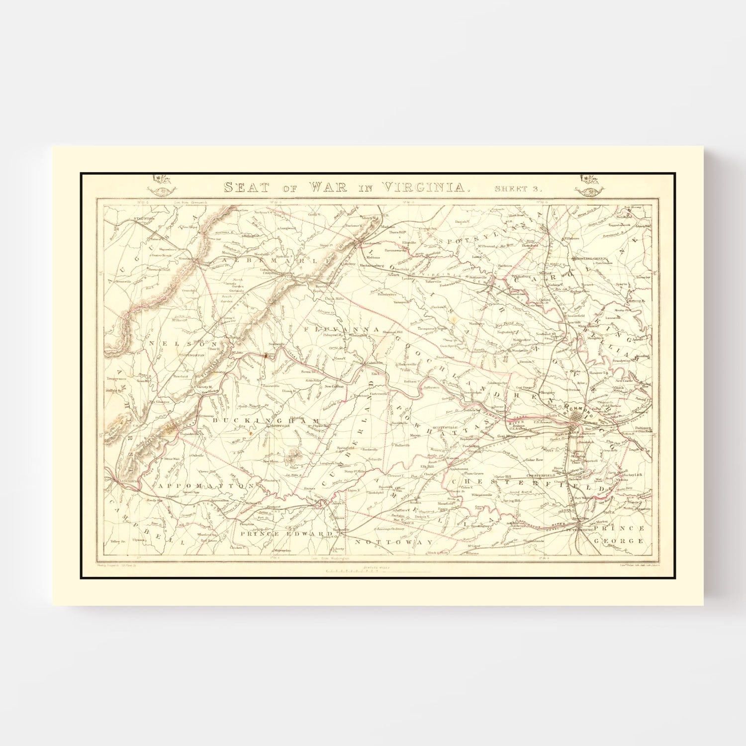 Vintage Map of the Seat of War in Virginia 1863