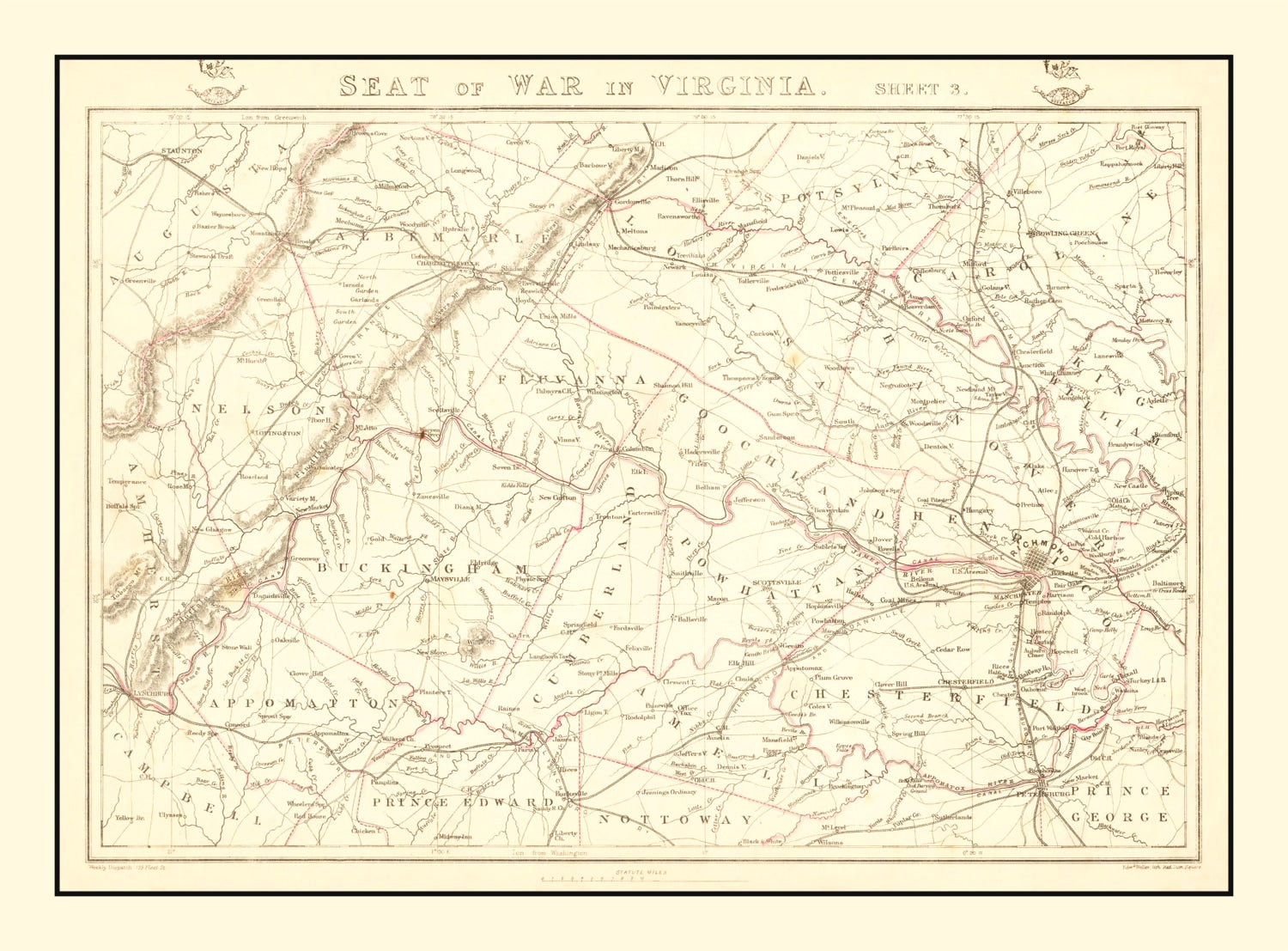 Vintage Map of the Seat of War in Virginia 1863