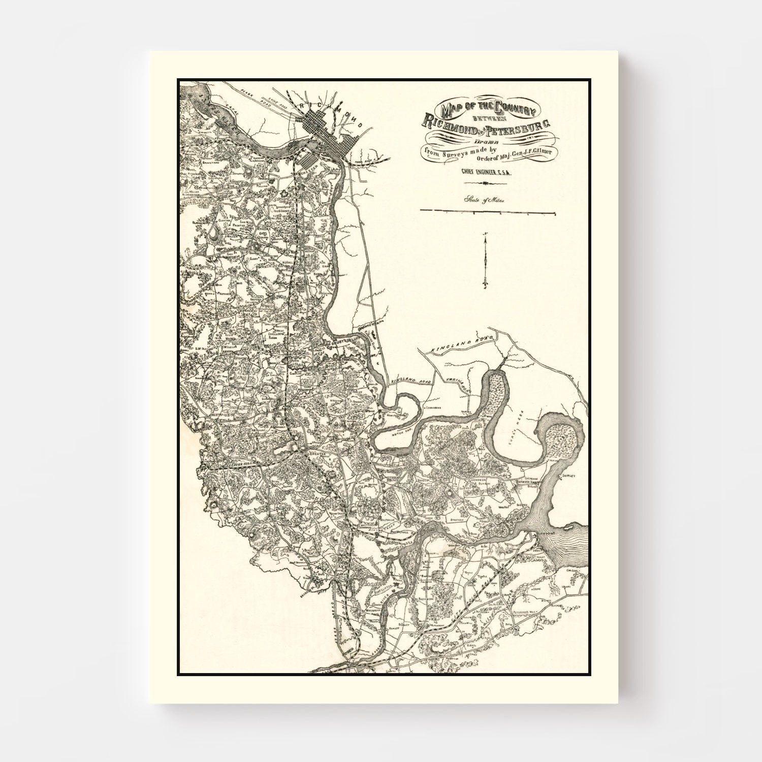 Vintage Map of Richmond & Petersburg, VA 1864