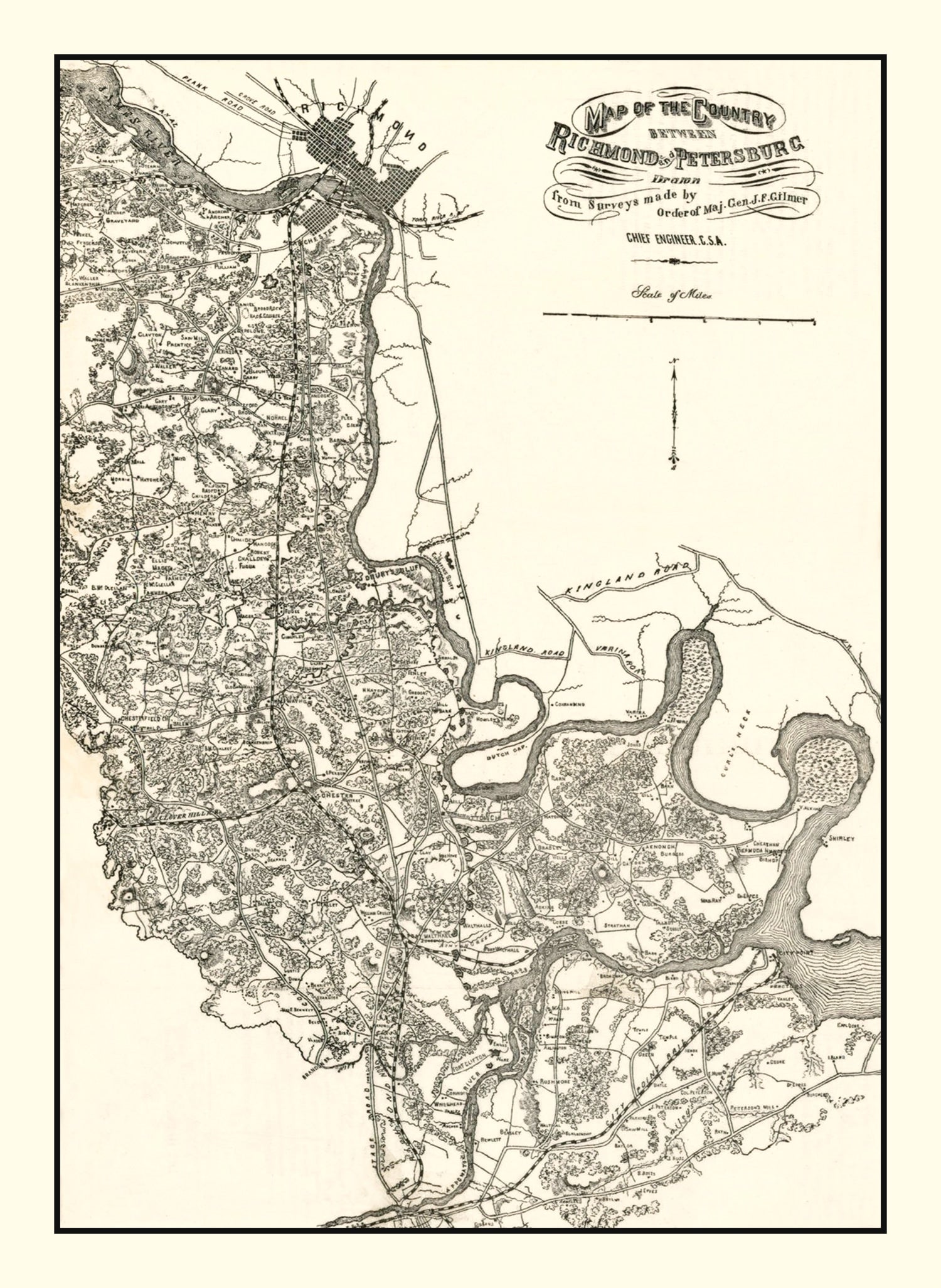 Vintage Map of Richmond & Petersburg, VA 1864
