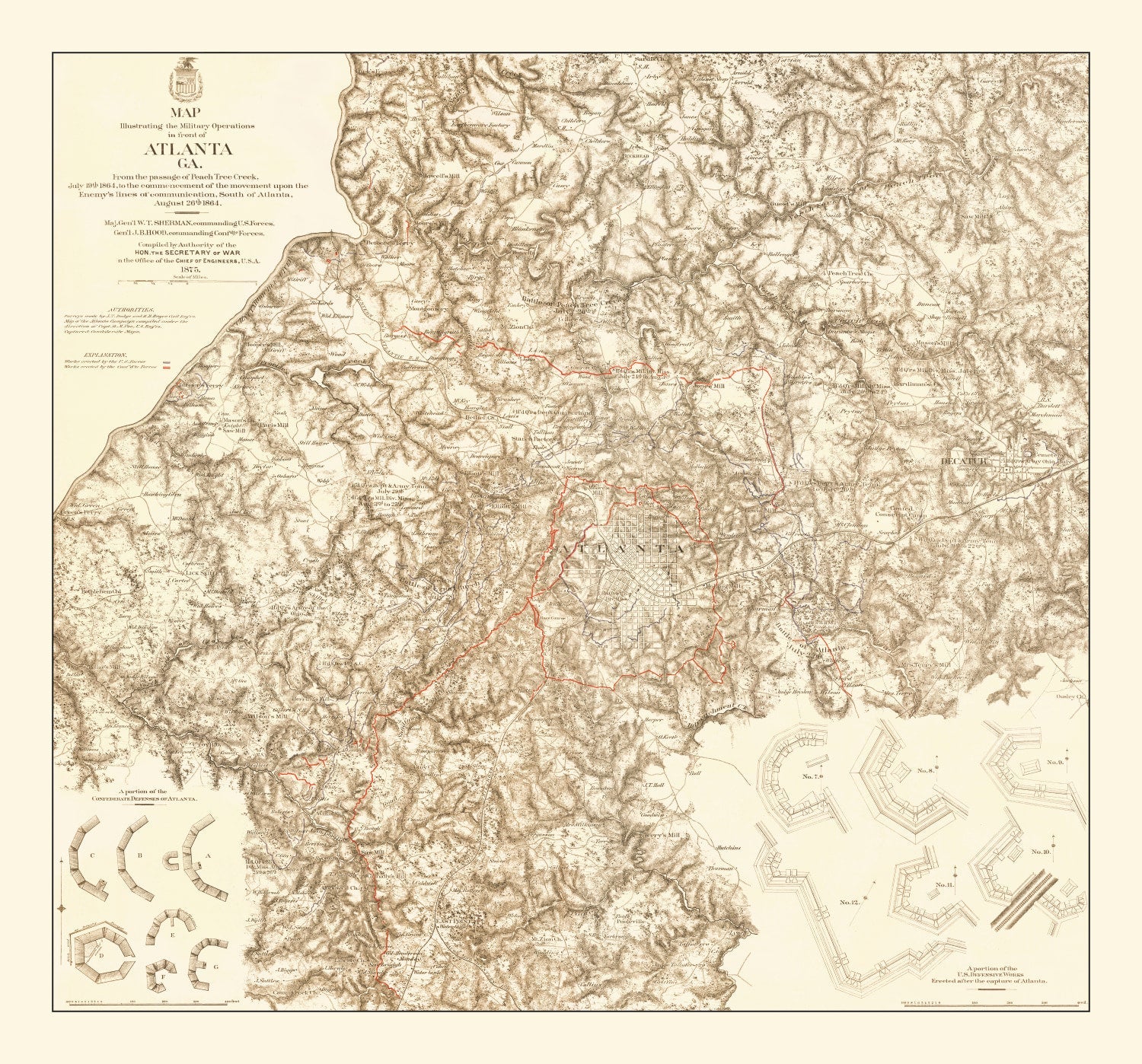 Vintage Map of Military Operations in Atlanta 1875