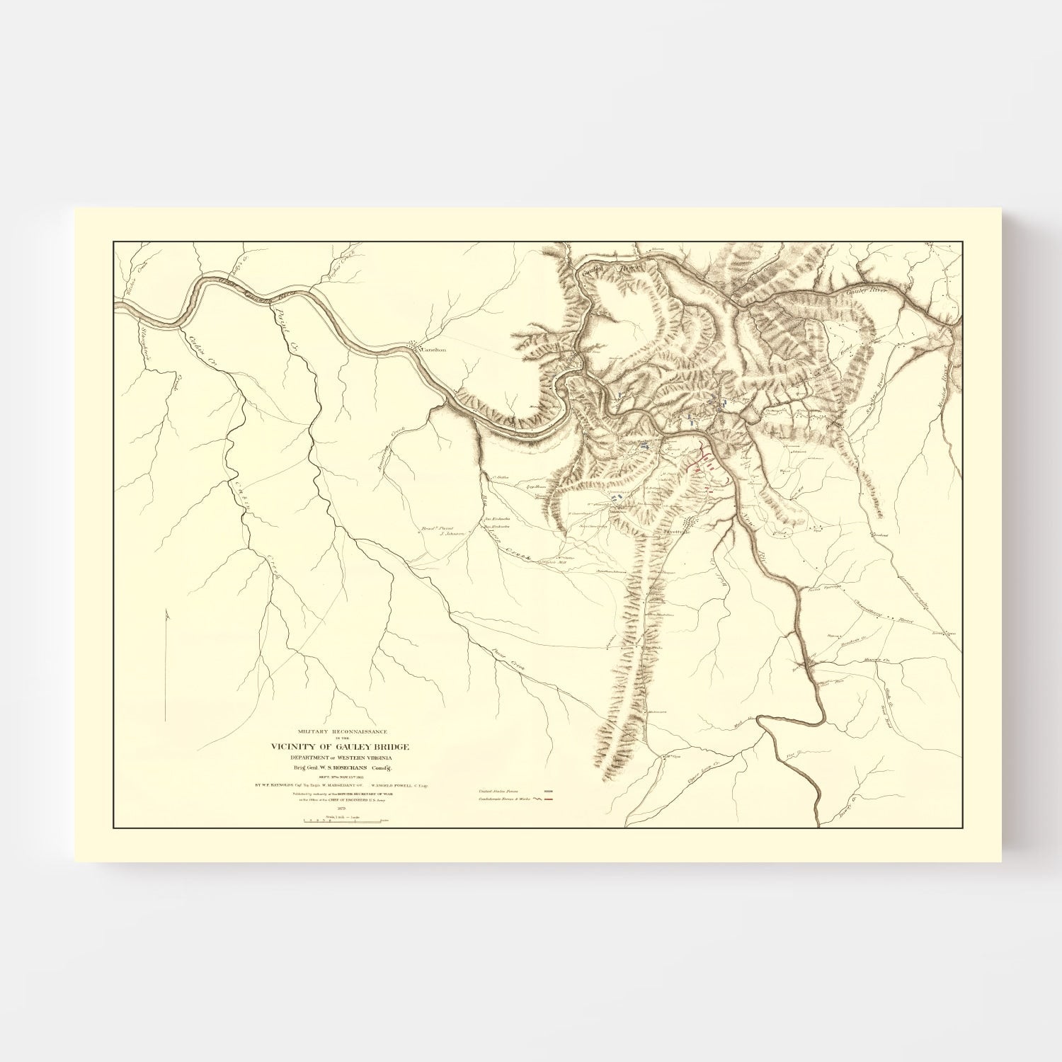 Vintage Gauley Bridge, WV Military Map 1879