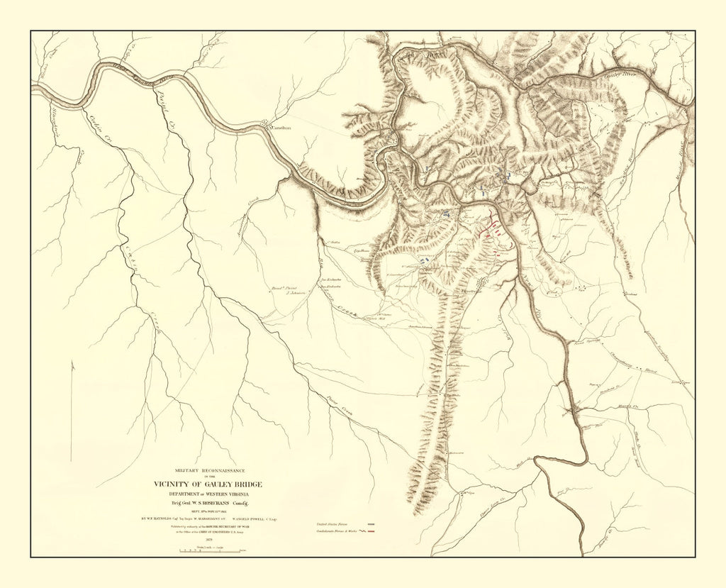 Vintage Gauley Bridge, WV Military Map 1879
