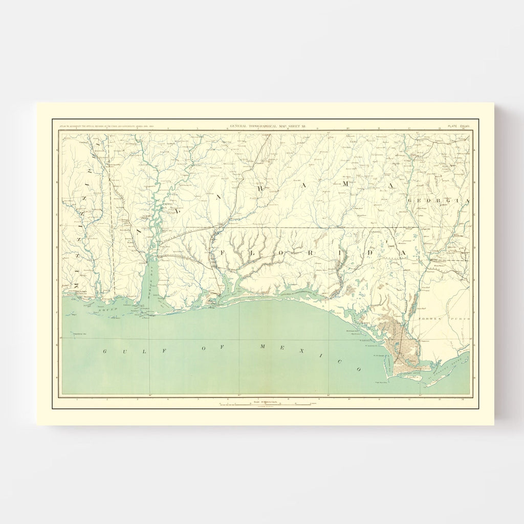 Vintage Civil War Gulf Coast Topographic Map 1893