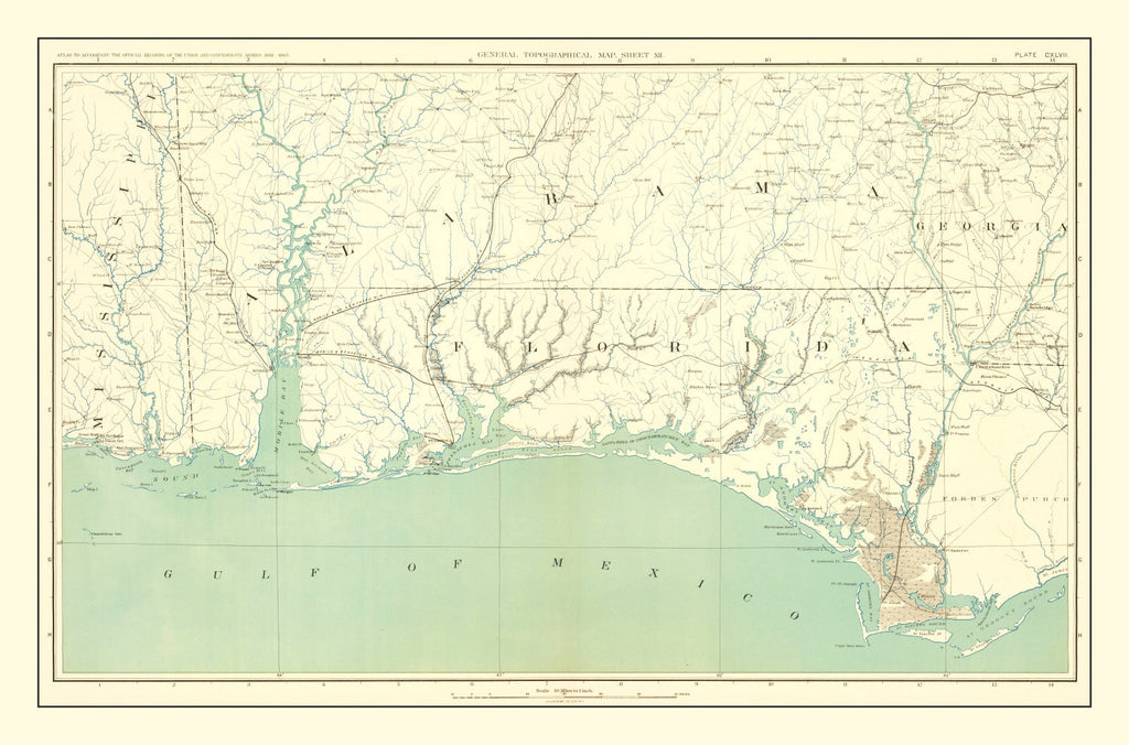 Vintage Civil War Gulf Coast Topographic Map 1893