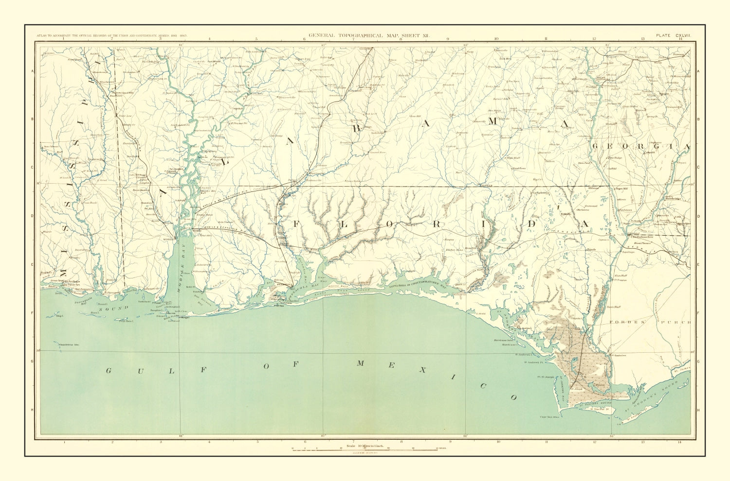 Vintage Civil War Gulf Coast Topographic Map 1893