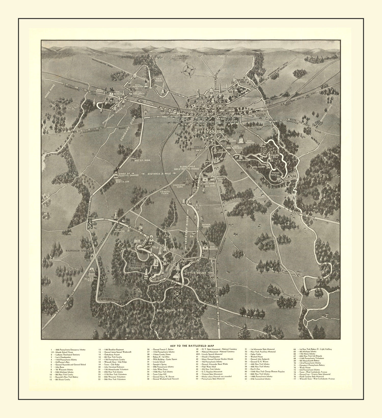 Vintage Gettysburg Battlefield Map 1936