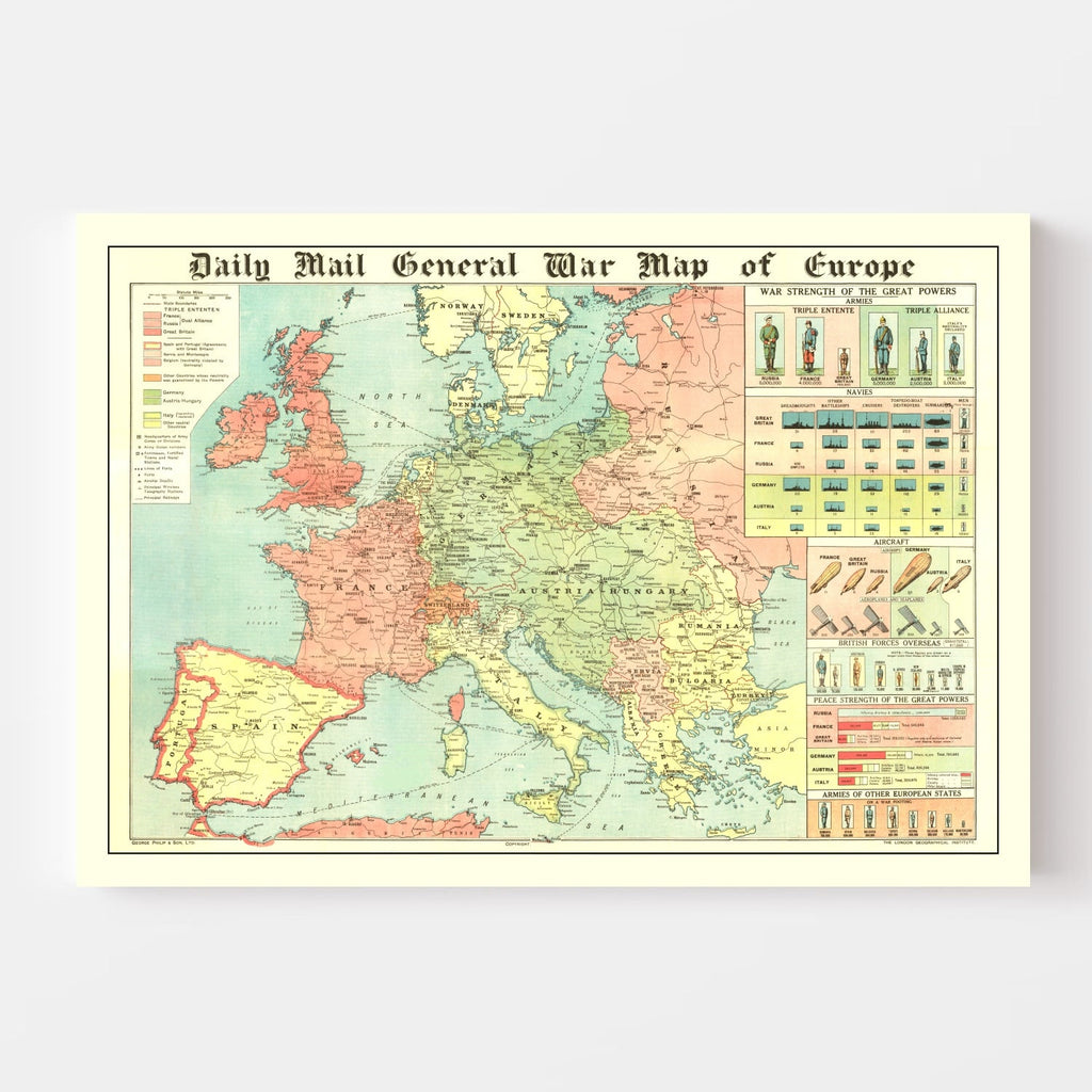 Vintage World War I Map of Europe 1914