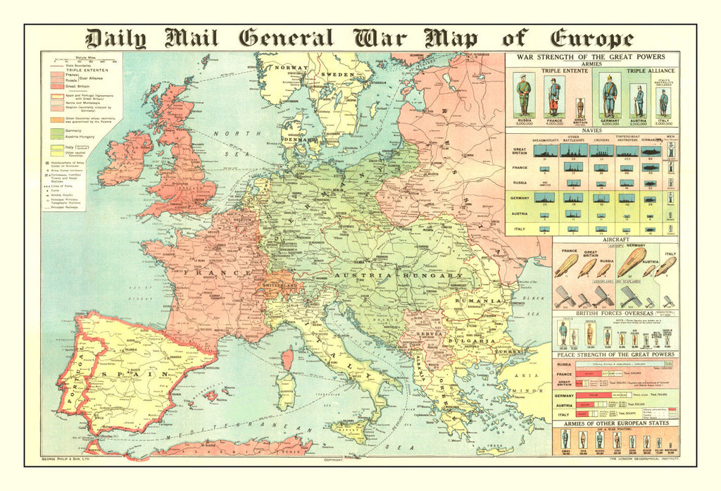 Vintage World War I Map of Europe 1914