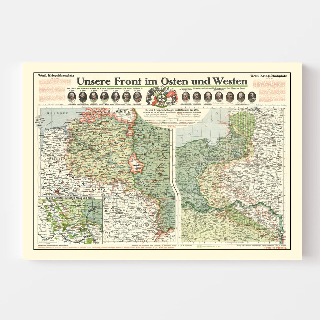 Vintage German Front in World War I Map 1915
