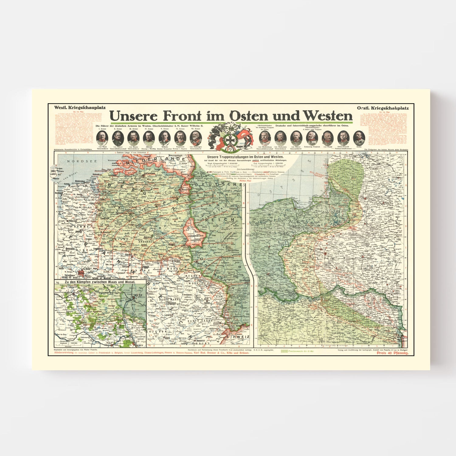Vintage German Front in World War I Map 1915