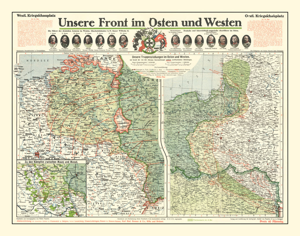 Vintage German Front in World War I Map 1915
