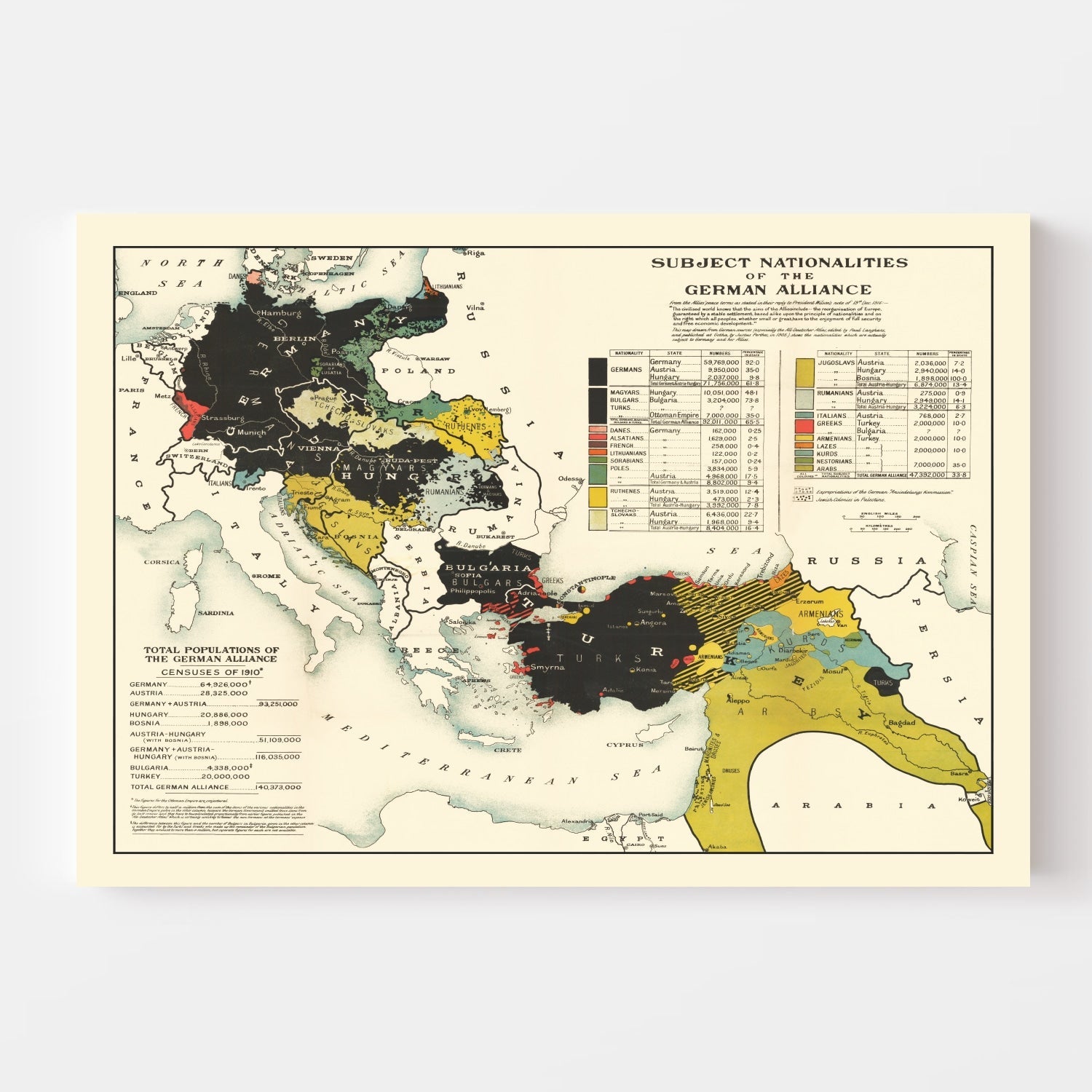 Vintage Map of the Nationalities of the German Alliance 1916