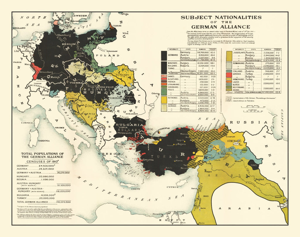 Vintage Map of the Nationalities of the German Alliance 1916