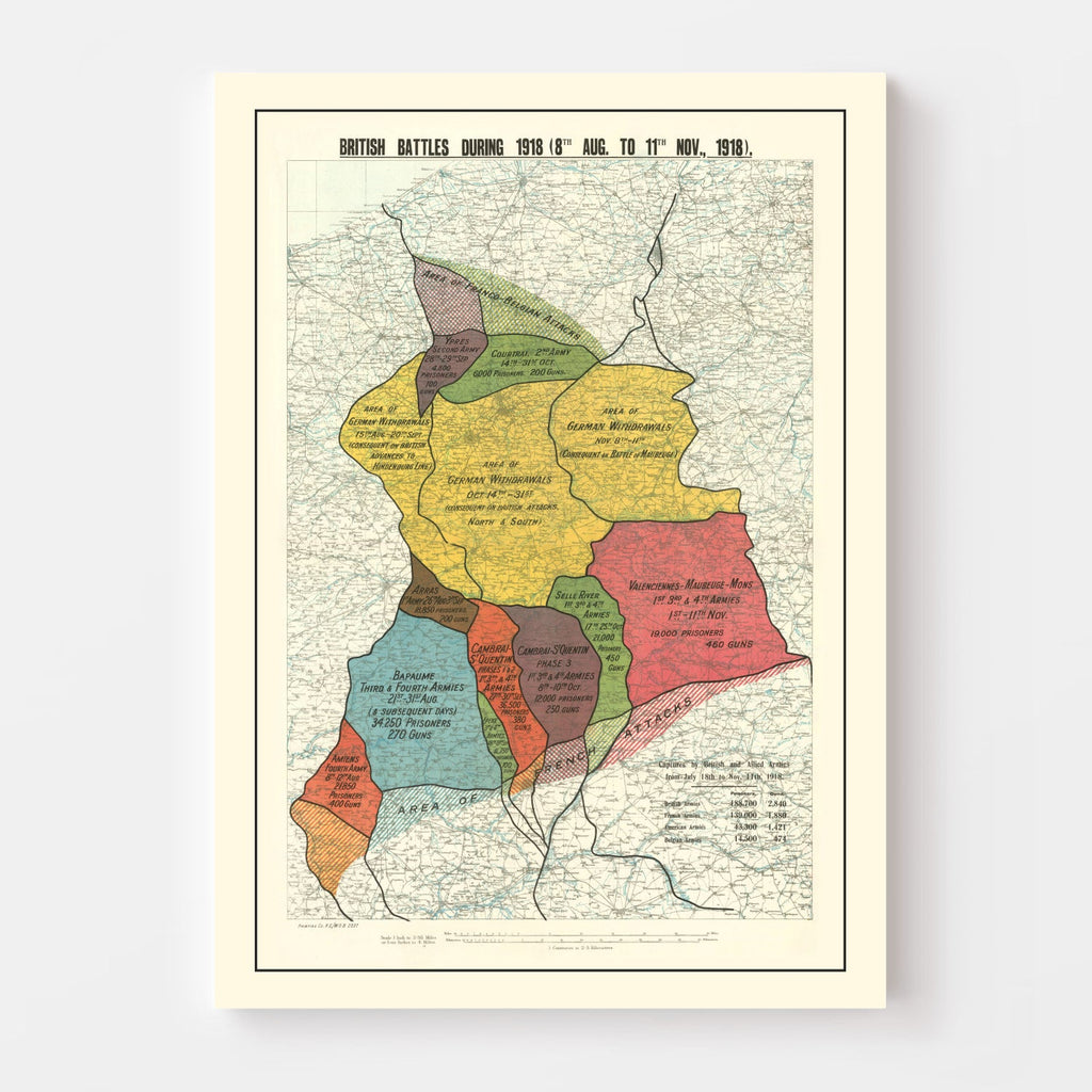 Vintage Map of British Battles During 1918