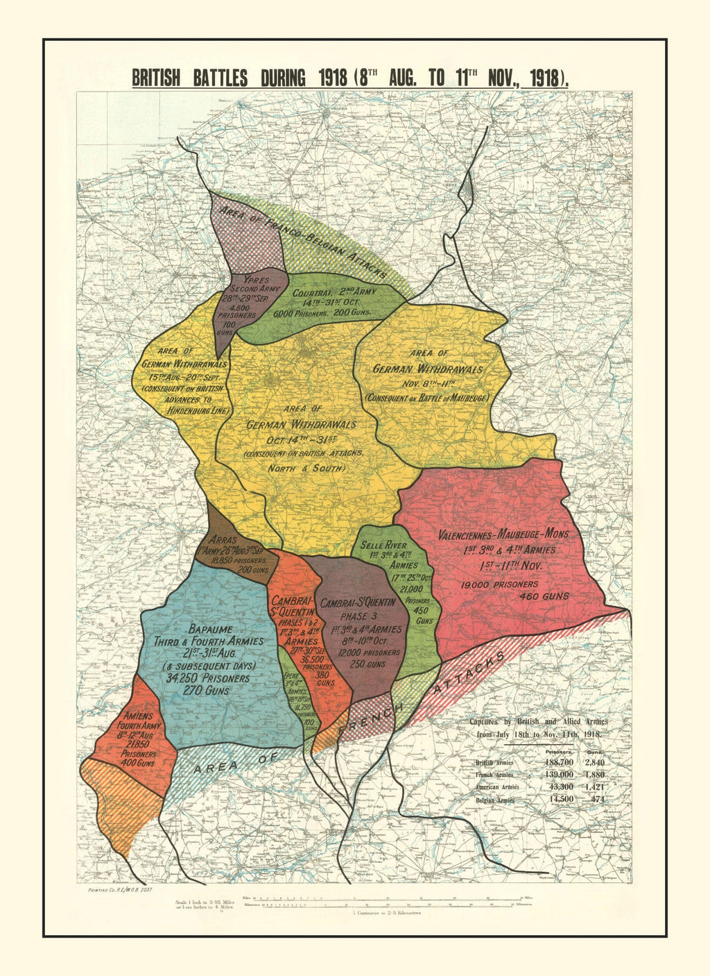 Vintage Map of British Battles During 1918
