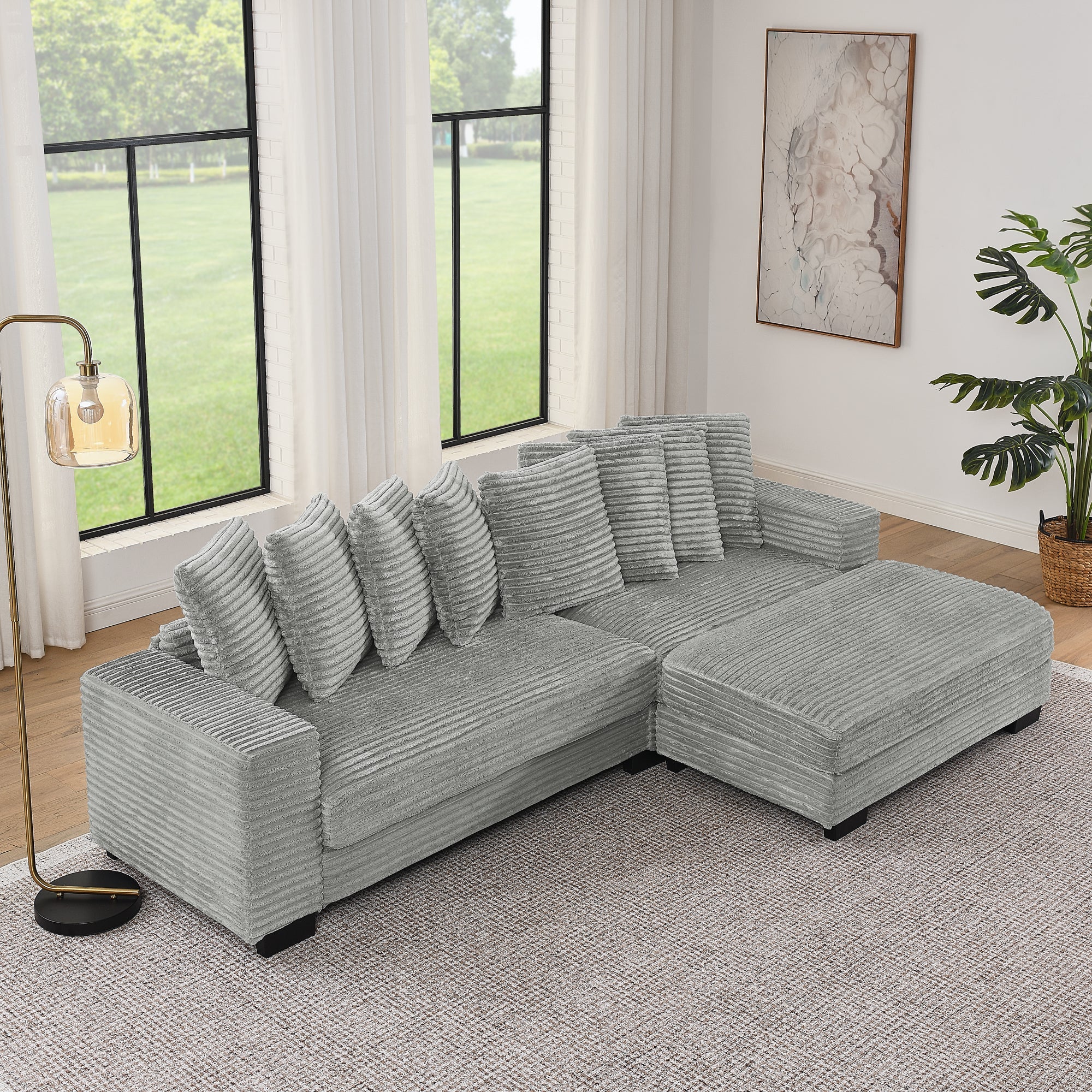 Corduroy Tufted Upholstered Sleeper Sectional Sofa, L-Shaped Modular Convertible Sofa , Can freely change the position of the footrests-Gray(Assembly is required)