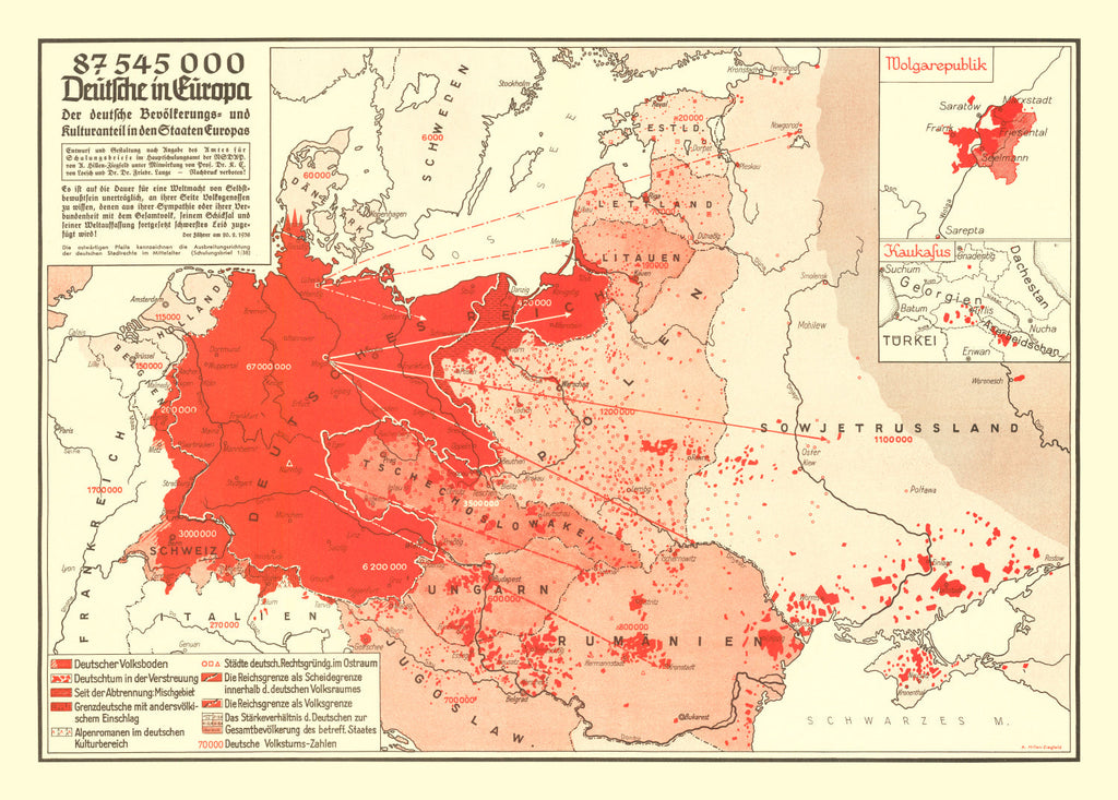 Vintage World War II Map of Germans in Europe 1938
