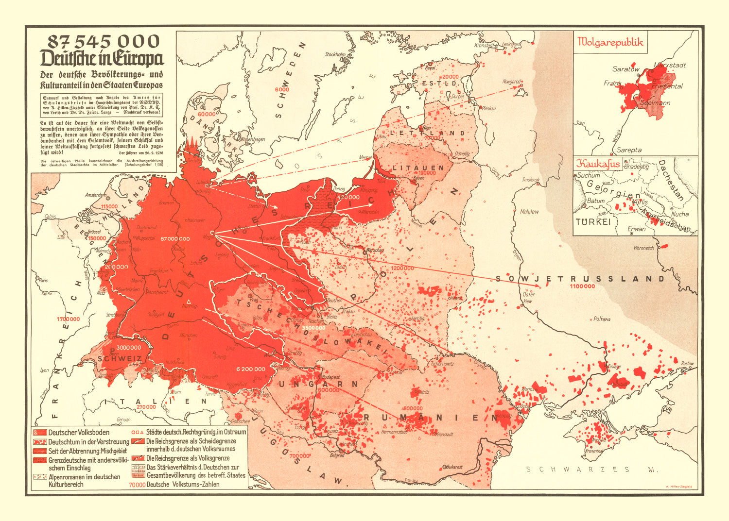 Vintage World War II Map of Germans in Europe 1938