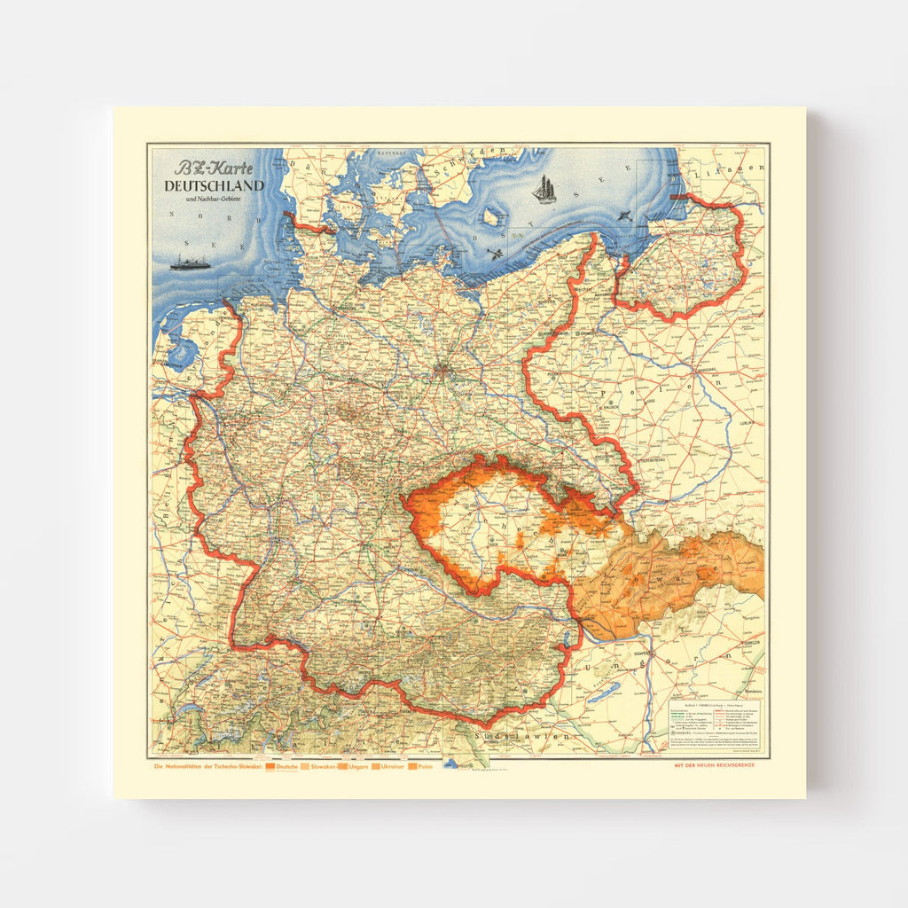 Vintage World War II Map of Germany & Neighboring Areas 1938
