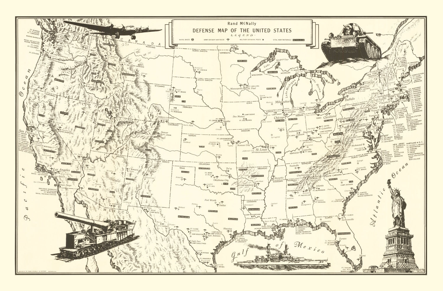 Vintage Defense Map of the United States 1941