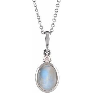 14K White 8x6 mm Natural Rainbow Moonstone & .03 CT Natural Diamond 16-18" Necklace