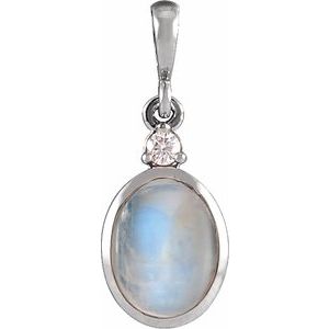 14K White 8x6 mm Natural Rainbow Moonstone & .03 CT Natural Diamond Pendant