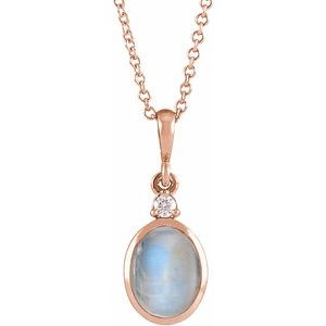 14K Rose 8x6 mm Natural Rainbow Moonstone & .03 CT Natural Diamond 16-18" Necklace