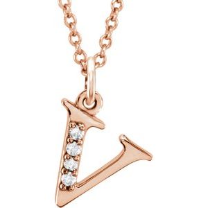 14K Rose Gold .02 CTW Natural Diamond Lowercase Initial V 16" Necklace
