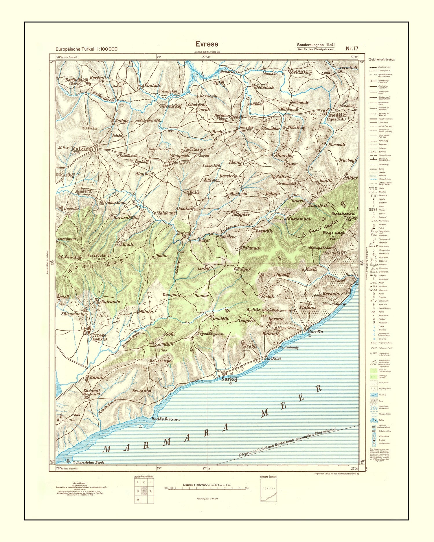 Vintage Turkey World War II Map  1944