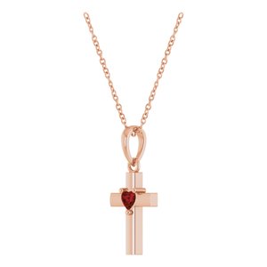 14K Rose Gold Natural Mozambique Garnet Heart Cross 16-18" Necklace