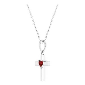 14K White Gold Natural Mozambique Garnet Heart Cross 16-18" Necklace