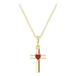 14K Yellow Gold Natural Mozambique Garnet Heart Cross 16-18" Necklace