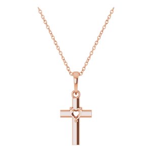 14K Rose Gold 3x3 mm Heart Cross 16-18" Necklace