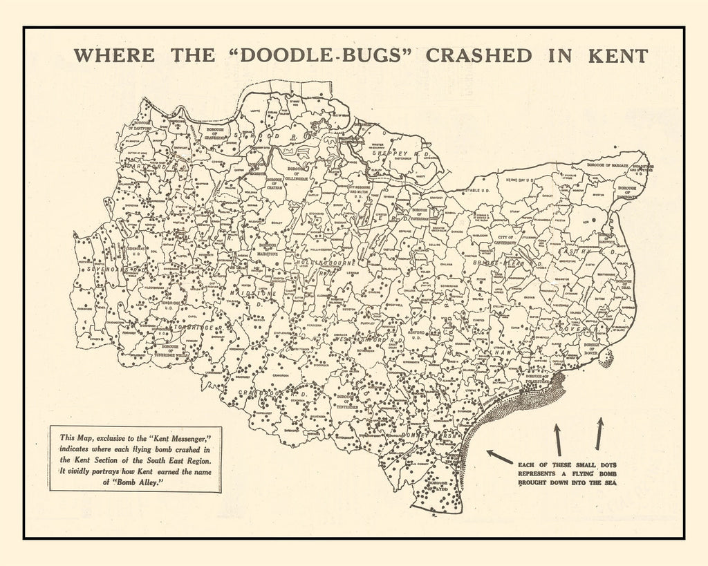 Vintage World War II Map of Doodle Bugs In Kent 1944