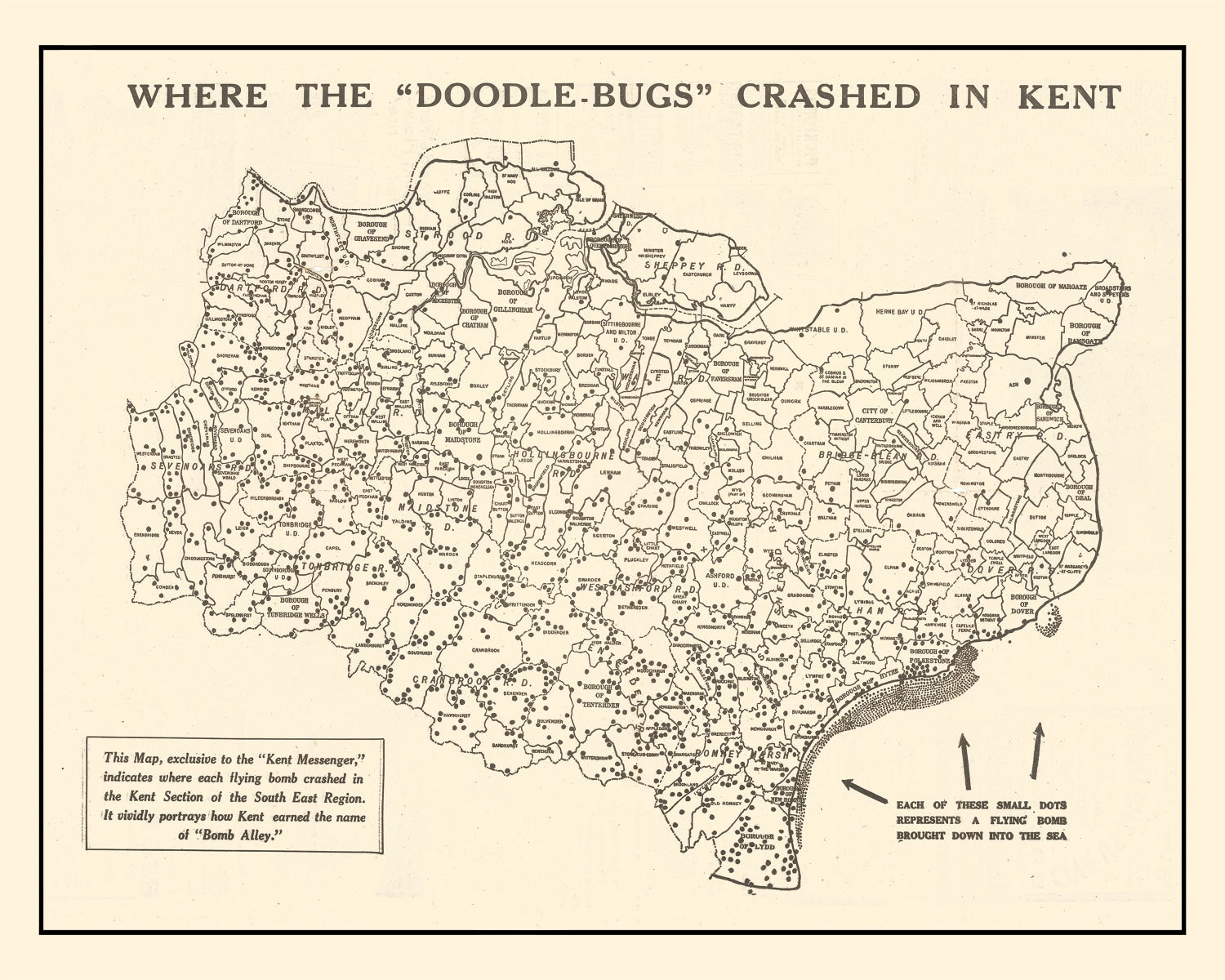 Vintage World War II Map of Doodle Bugs In Kent 1944