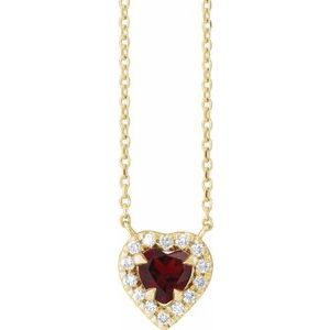 14K Yellow Gold Natural Mozambique Garnet & 1/8 CTW Natural Diamond French-Set Halo-Style 16" Necklace